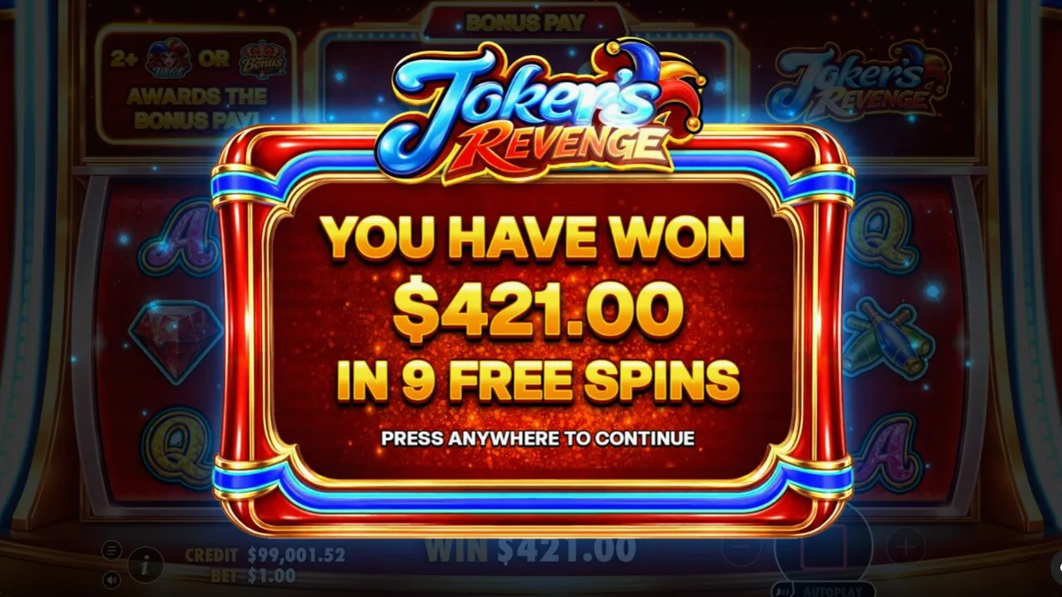 Interface do jogo de slot Joker's Revenge com arlequim e elementos temáticos